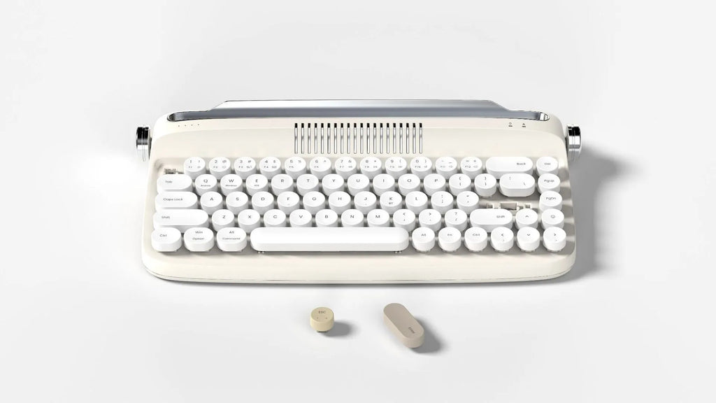 B307 rechargeable retro Bluetooth wireless keyboard in sand beige with white keys, ABS construction