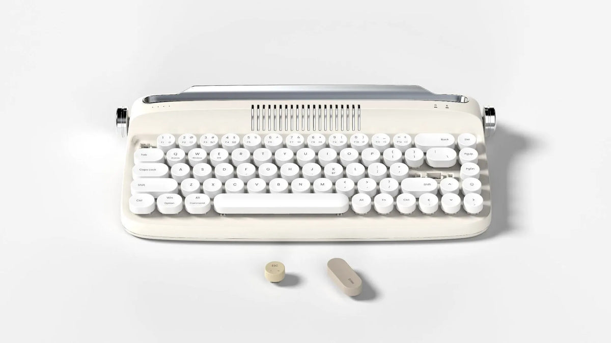 B307 rechargeable retro Bluetooth wireless keyboard in sand beige with white keys, ABS construction