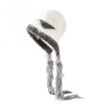 Cat ears mink wool knitted hat in white with tassel detail, 29x23cm dimensions