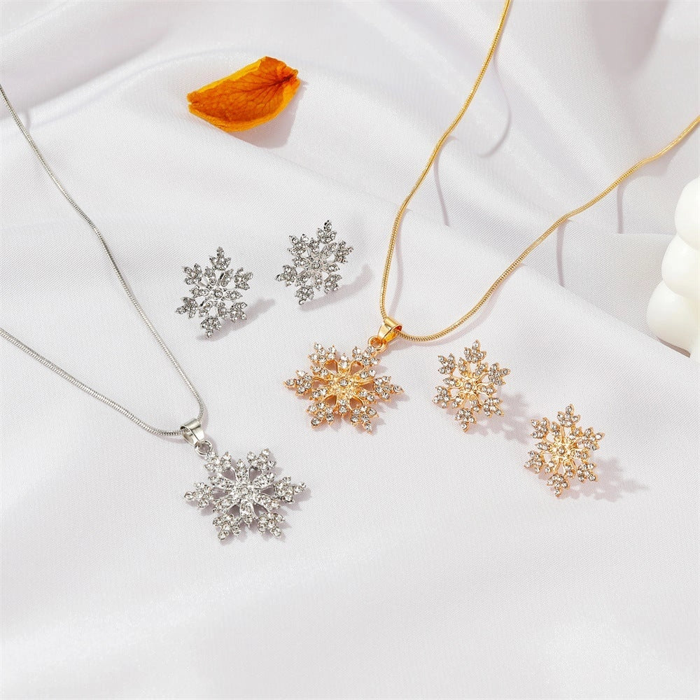 3-piece snowflake necklace set with rhinestone earrings and clavicle chain pendant in gold and silver