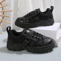 Lace-up canvas shoes for women with hook design round toe and thick sole in black colour