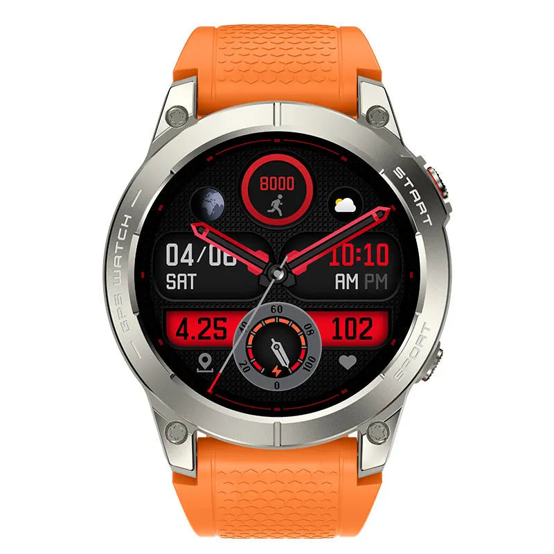 Black or orange GPS sports smart watch with 1.43 inch touch screen showing health metrics