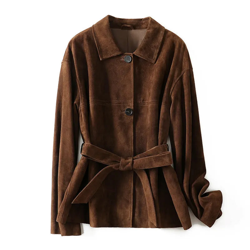 Women's caramel mocha cashmere blend retro coat with a Peter Pan collar and leather stitching.