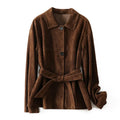 Women's caramel mocha cashmere blend retro coat with a Peter Pan collar and leather stitching.