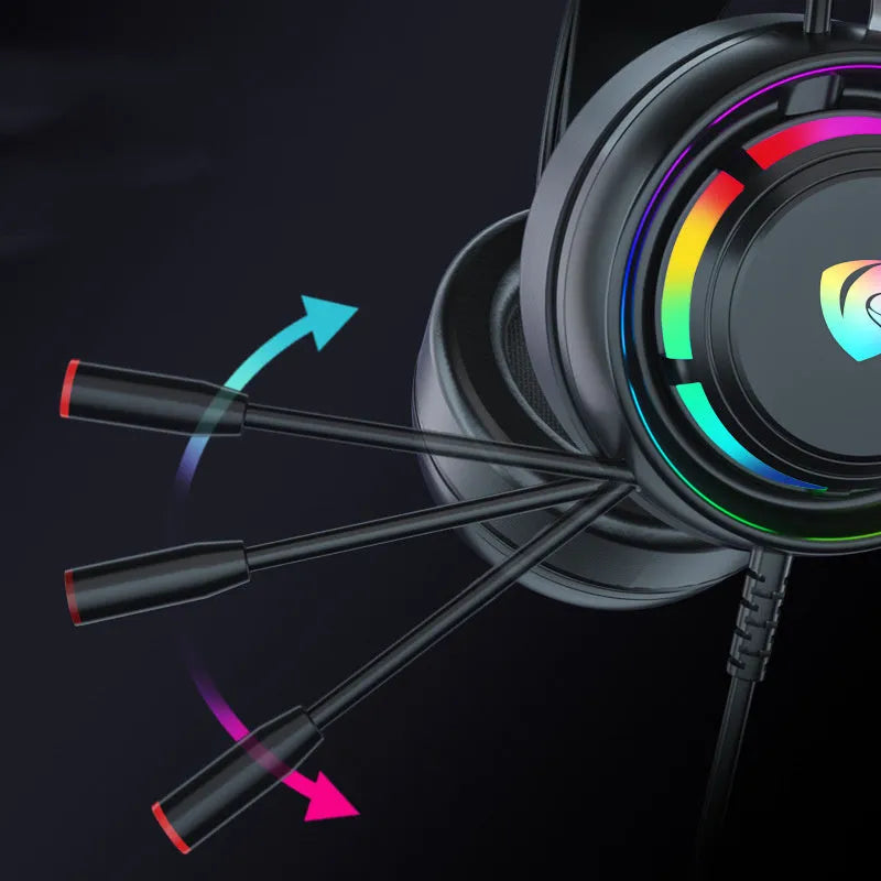 Black wired over-ear headphones with a microphone, showing a long cable and large circular ear cups.
