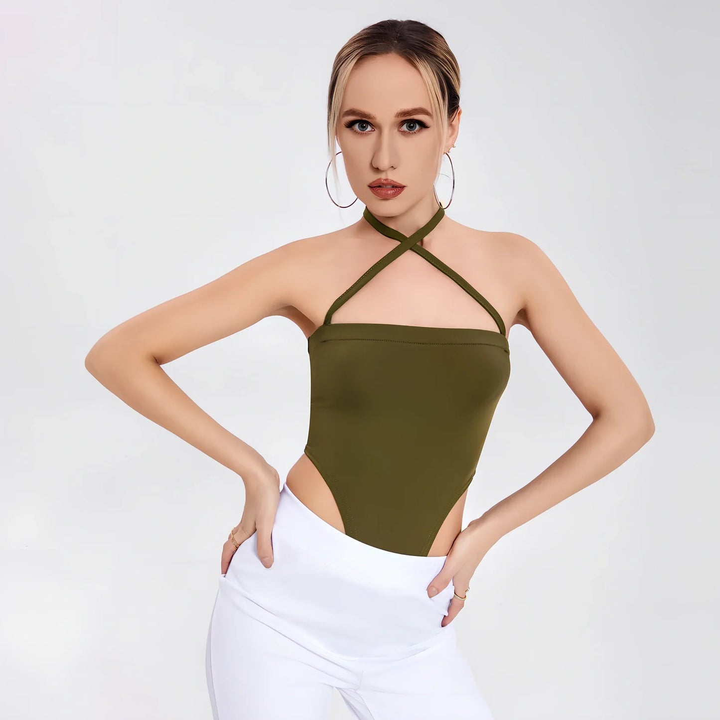 Dark green women's one-shoulder bodysuit with short 15cm sleeves, 90% polyester 10% spandex, sizes S M L