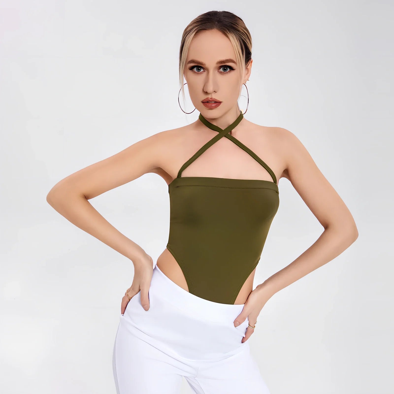 Dark green women's one-shoulder bodysuit with short 15cm sleeves, 90% polyester 10% spandex, sizes S M L