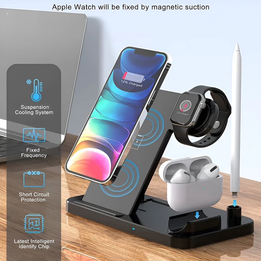 Black four-in-one wireless phone charger with QC3.0 charging head for multiple device charging