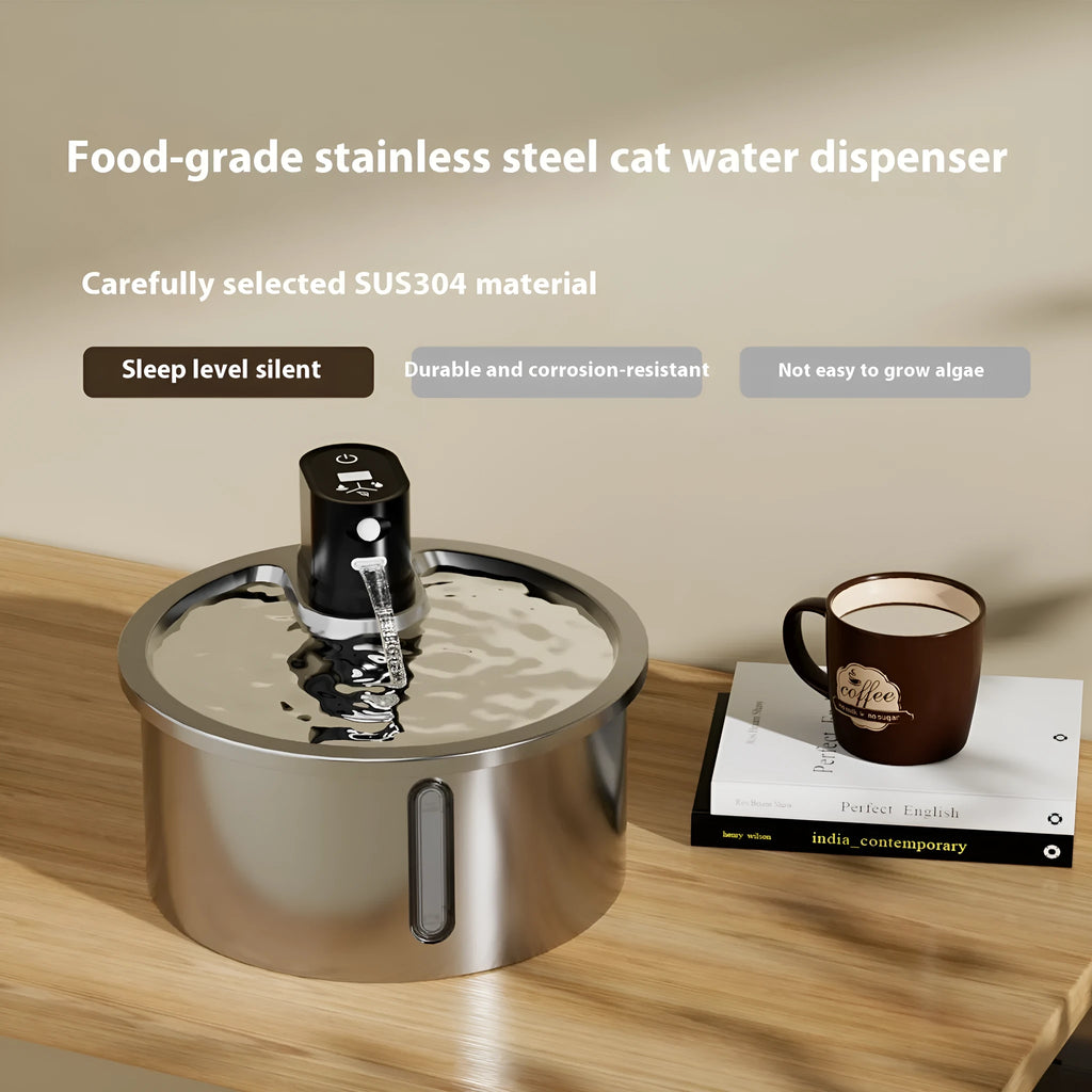 Stainless steel heated pet water fountain on a white base with a charging cable.