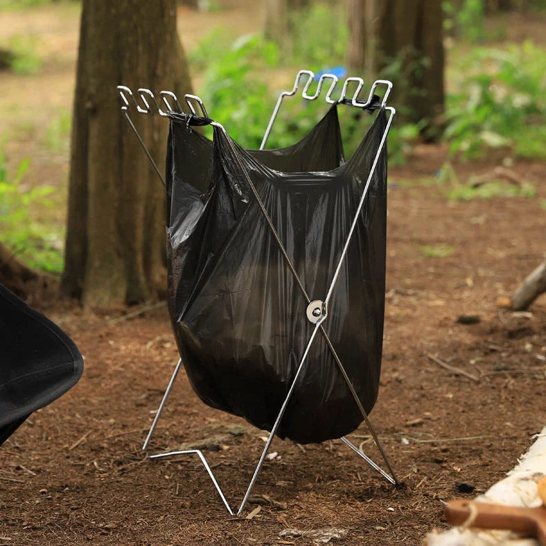 Silver stainless steel folding garbage bag bracket with Korean-style design for outdoor use