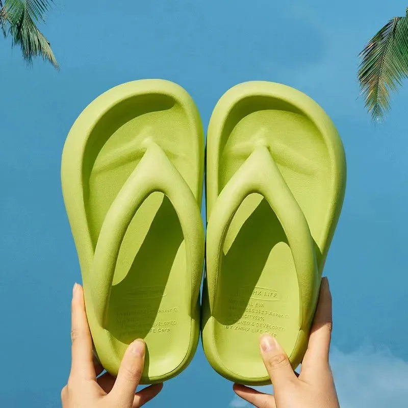 Solid colour thick-soled EVA flip-flops with a bow detail, shown in multiple colour options.