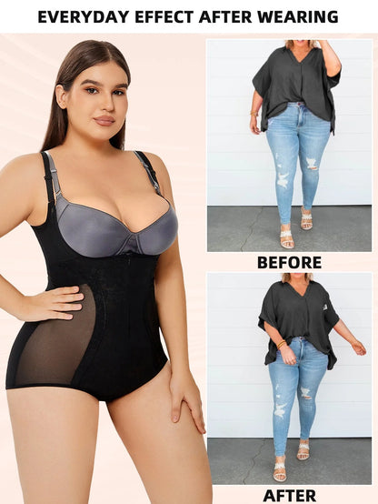 Women's shapewear bodysuit for tummy control and slimming effect in black and apricot