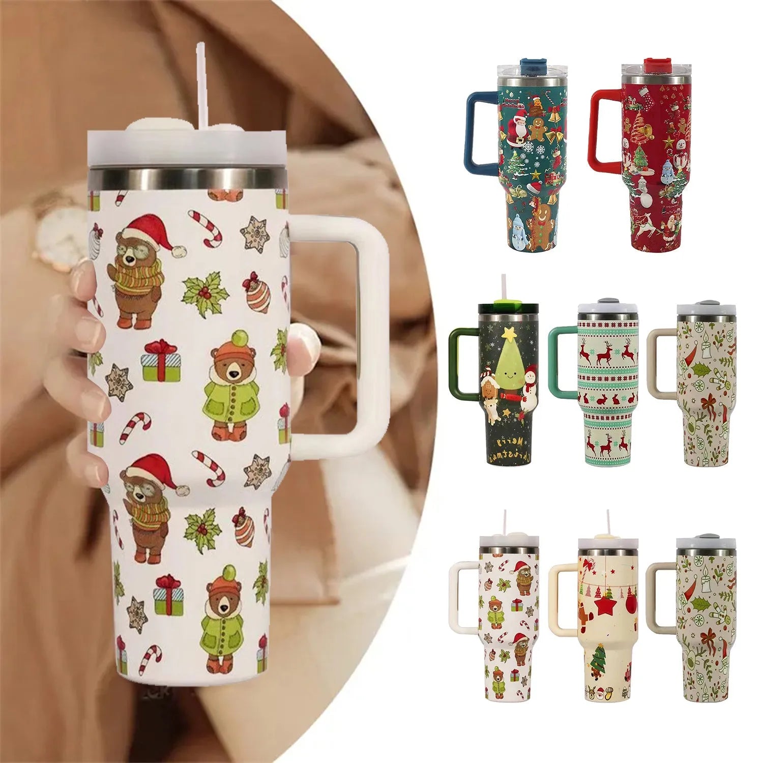 Red Christmas pattern stainless steel travel tumbler with handle, straw, and lid on a table.