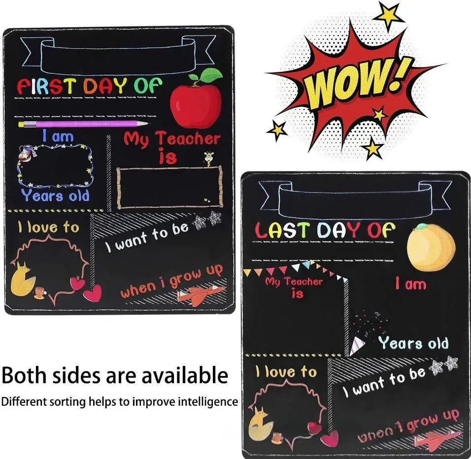 Black wooden First Day of School sign with white chalkboard text, measuring 25.5 by 30 centimetres.