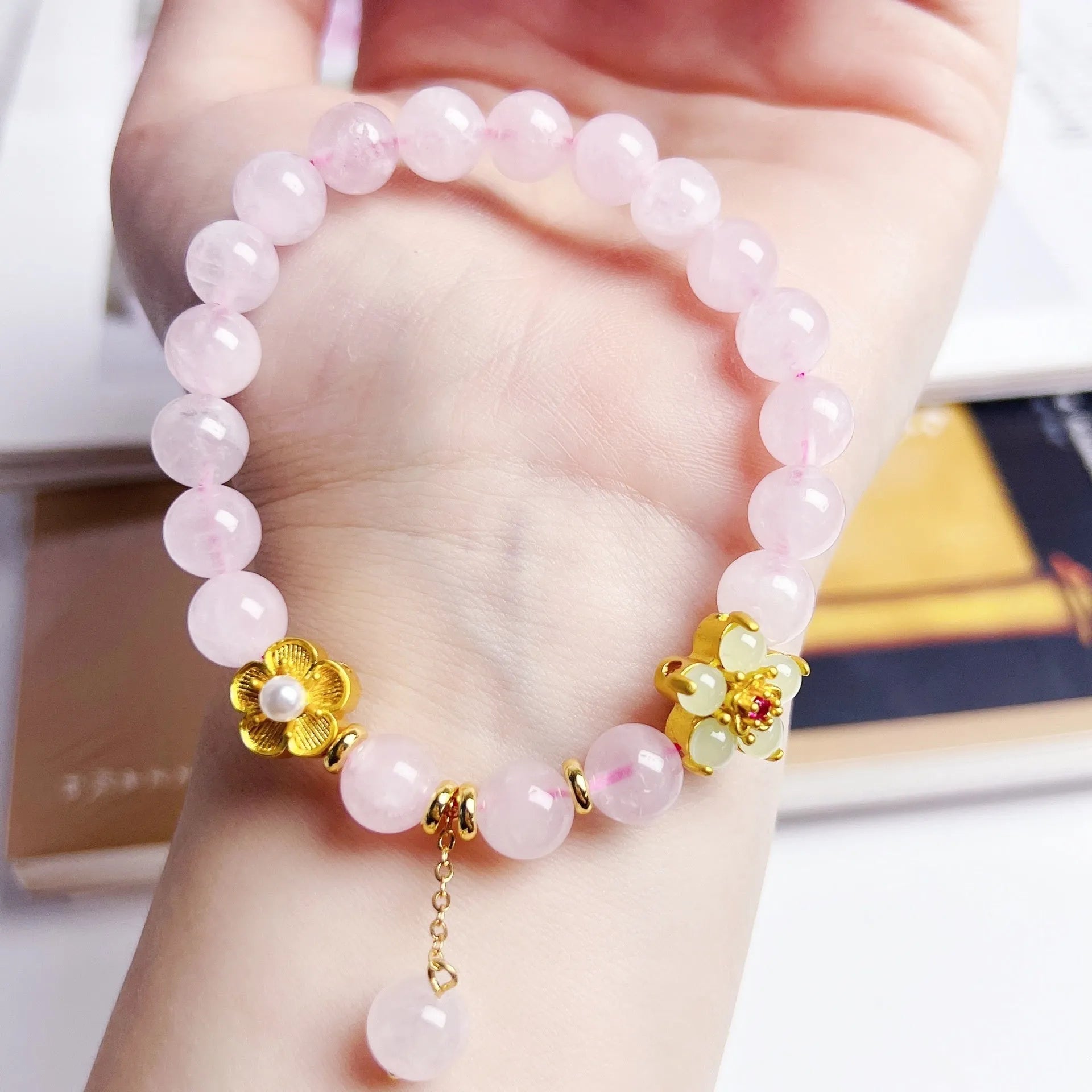 Pink crystal peach blossom bracelet for women with handcrafted design