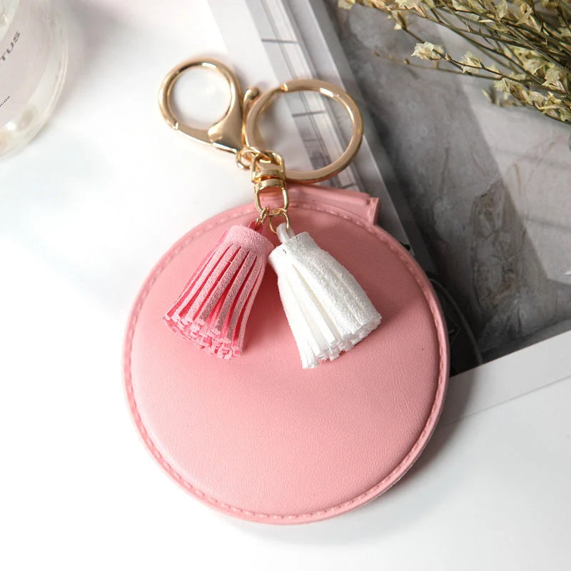 Mini round PU leather small mirror with tassel in various colours