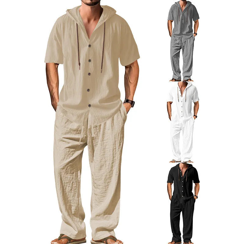 Men's casual cotton two-piece sports leisure suit in black, shown on a hanger.