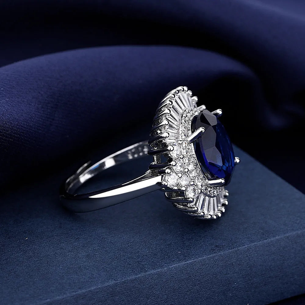 Sea blue heart square full diamond accent crown shape adjustable ring in white gold colour on copper base