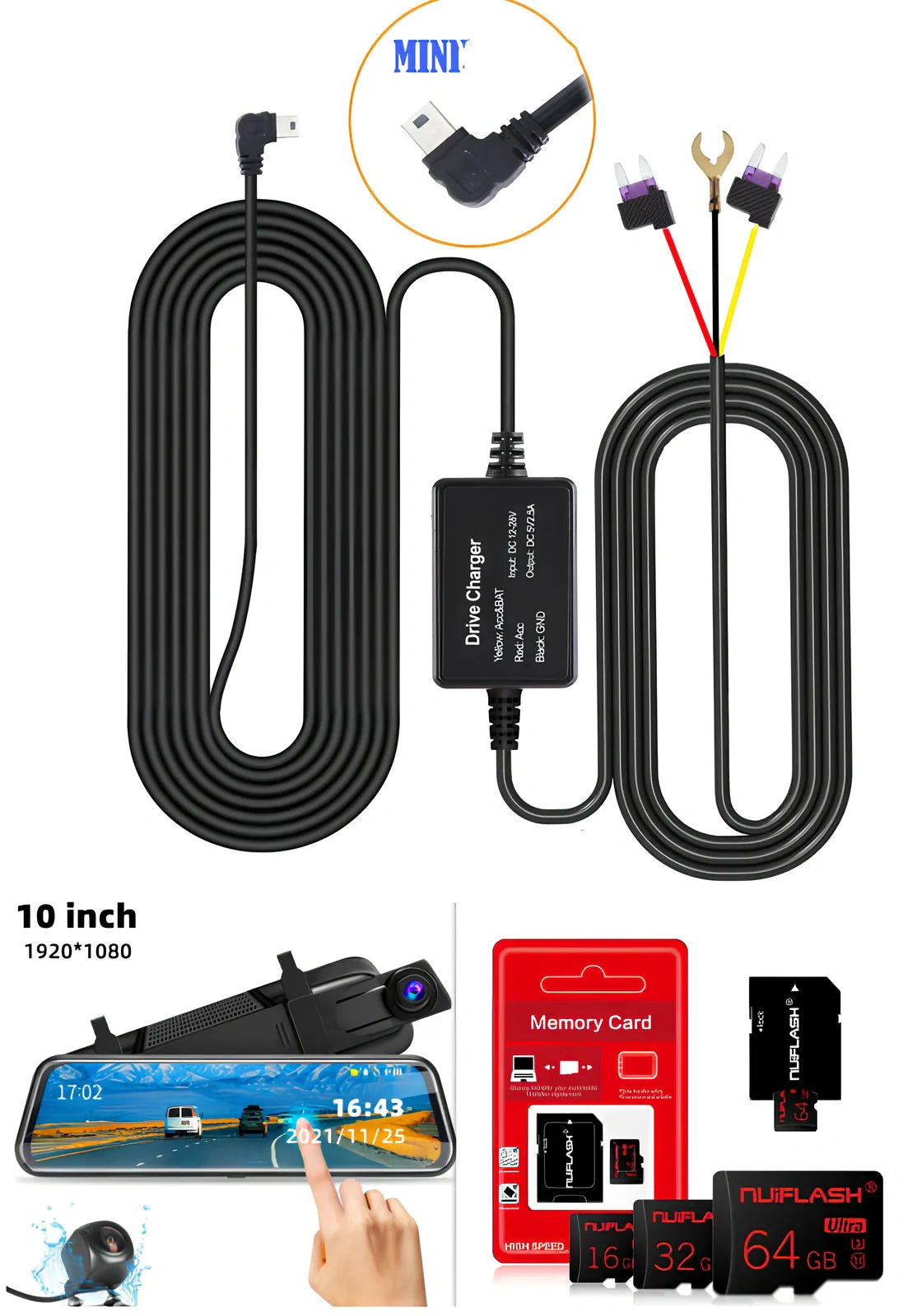 10-inch dual recording dash cam mounted as rearview mirror with 170-degree front and rear cameras