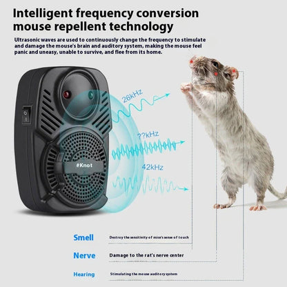 Advanced ultrasonic pest repeller device in black and white colors, with features to safely repel mosquitoes, rats, and insects from the home