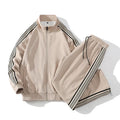 Men's cotton thickened sports suit set with long sleeve coat and cropped pants in khaki colour