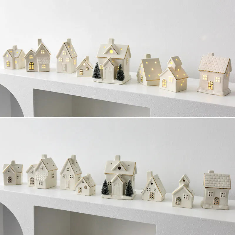 Creative ceramic Christmas tree house ornament in European villa style with open door design