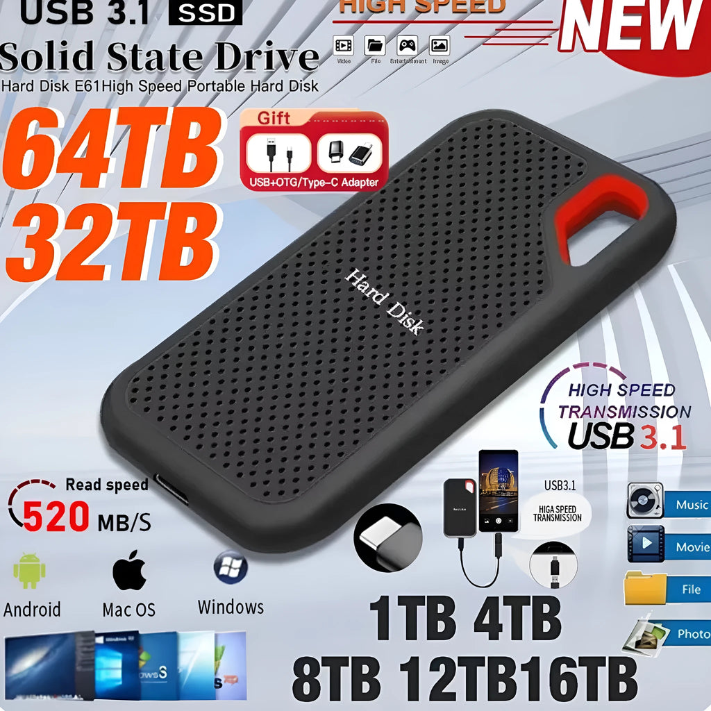 Black SSD mobile solid state drive with Type-C 3.1 interface in ABS plastic shell