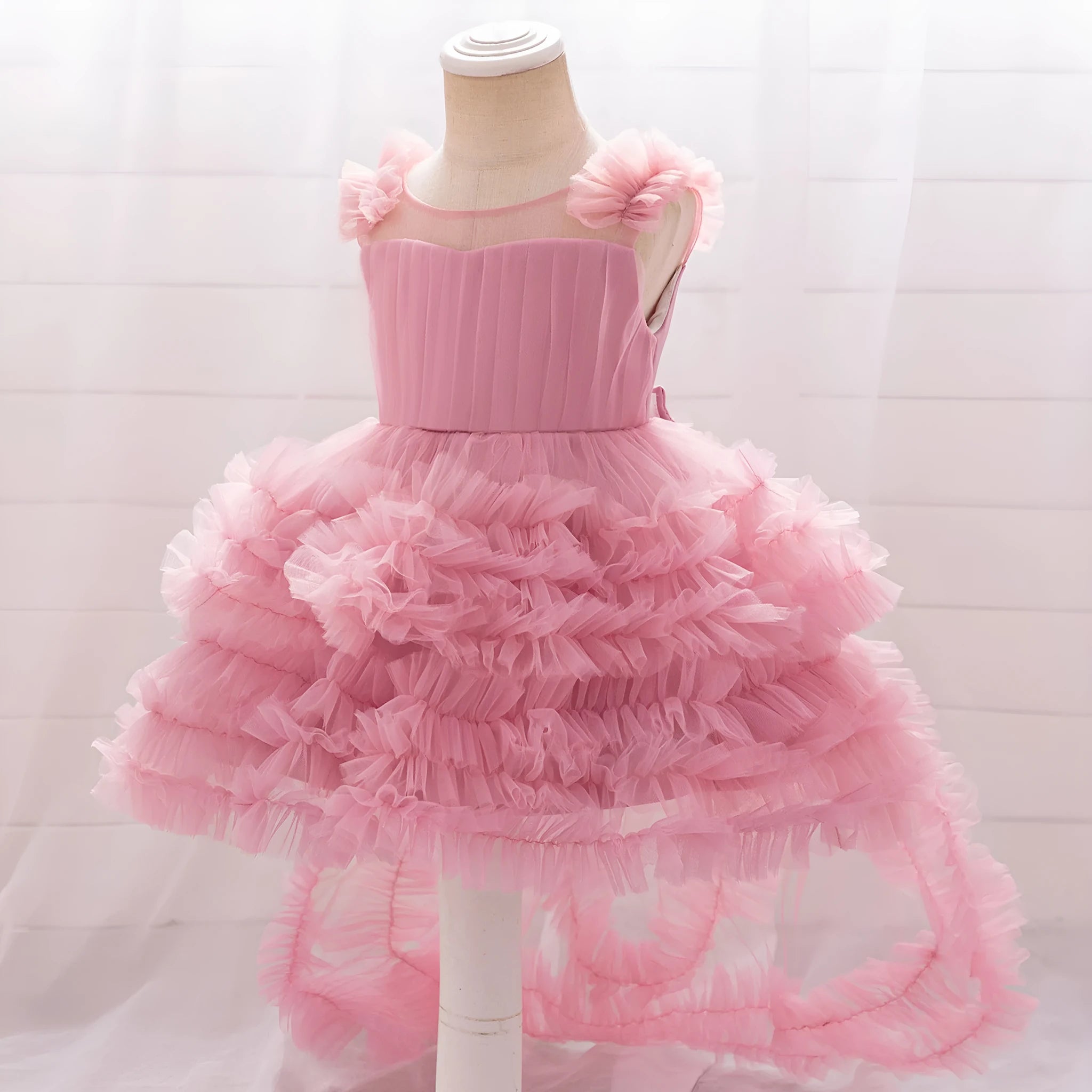 Girls sleeveless mesh long dress in bean pink Trueran fabric, suitable height 70-110cm