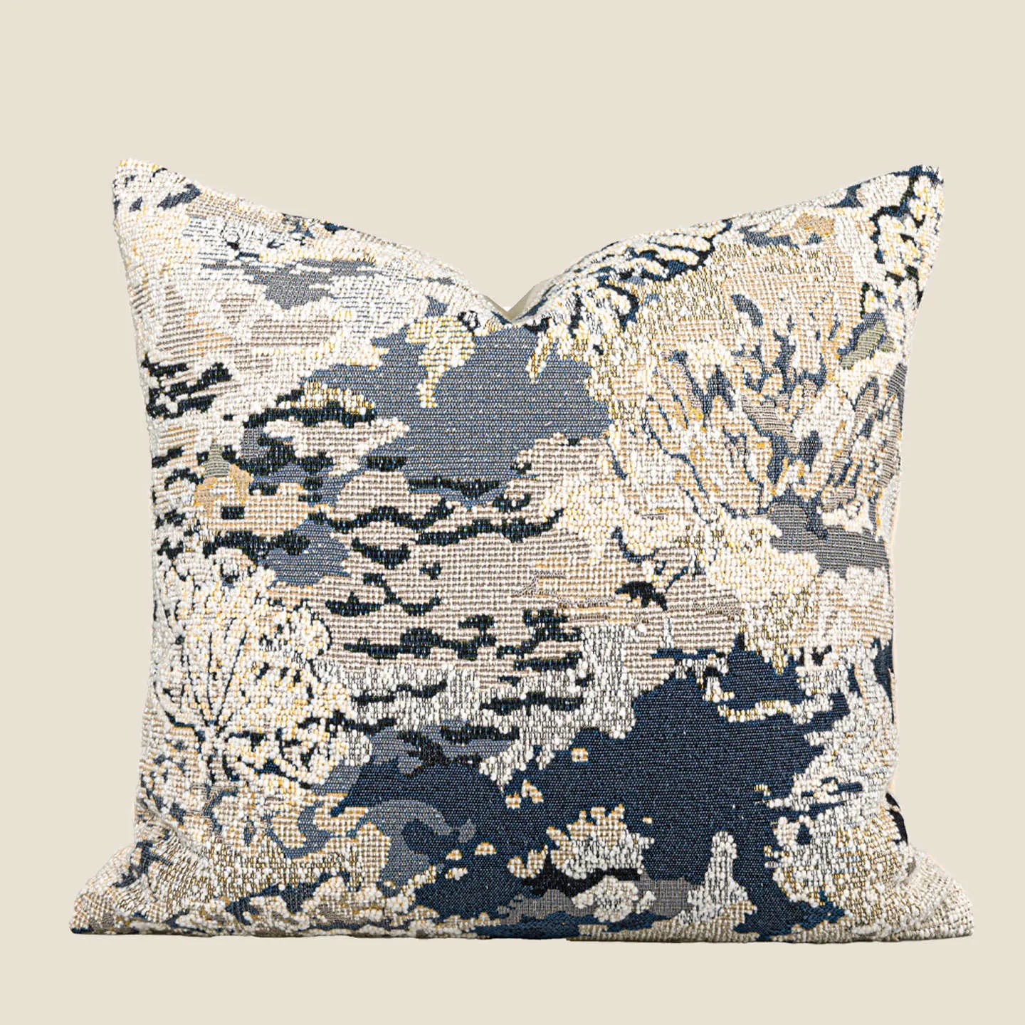 Antique blue decorative pillow with floral plant pattern, shown in square and waist pillow sizes.