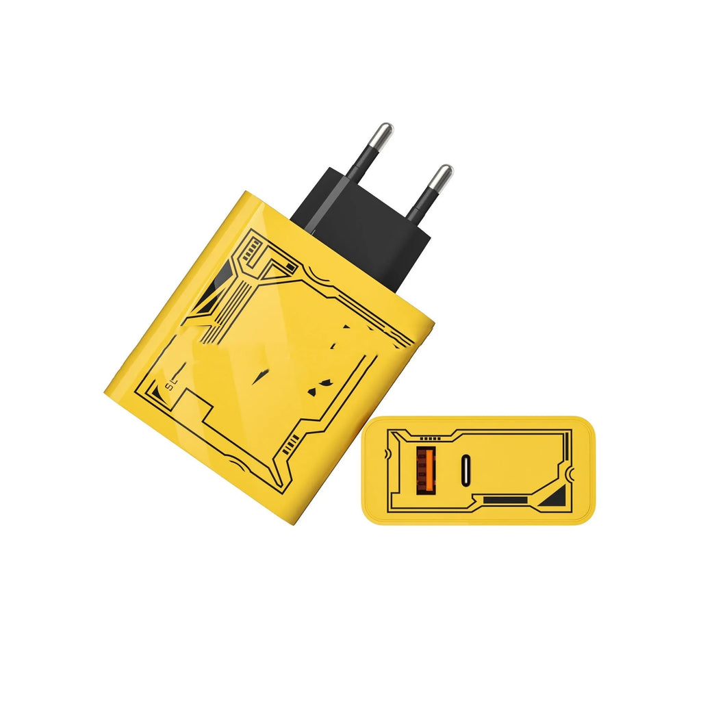 Yellow 25W fast charging plug Machine Crustacean with QC3.0 and PD25W support for American and European sockets