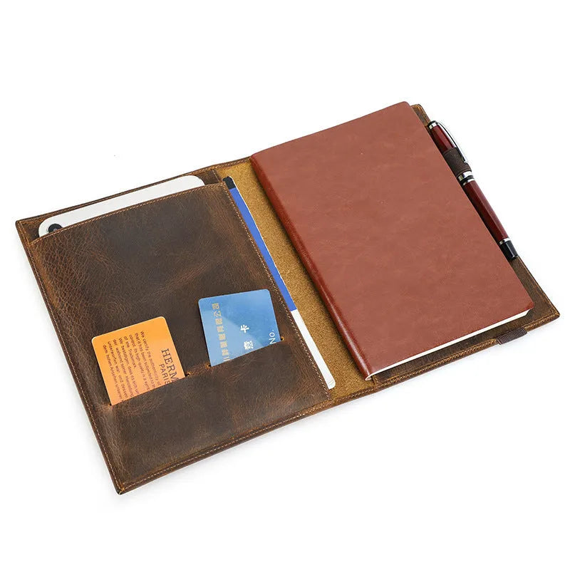 Brown Crazy Horse leather A5 notebook protective sleeve with square shape