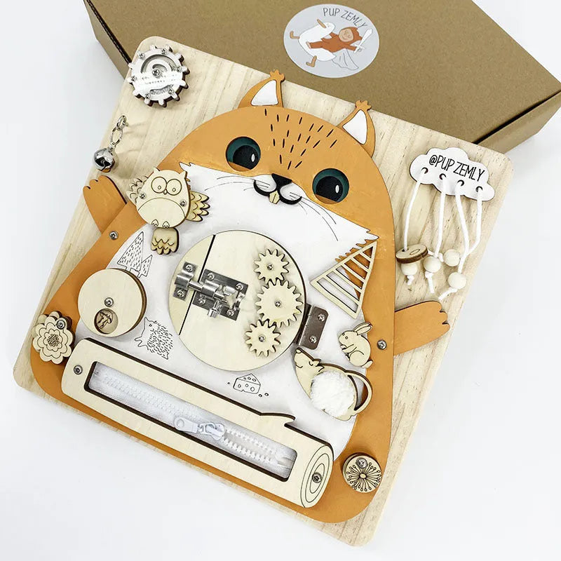 Wooden Montessori unlock toy for baby table game in cat style