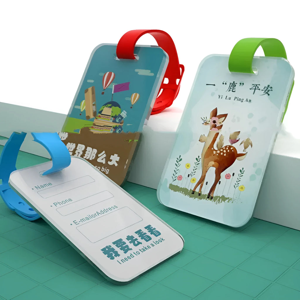 Custom acrylic luggage tag with picture insert, 80x50mm, on a travel suitcase
