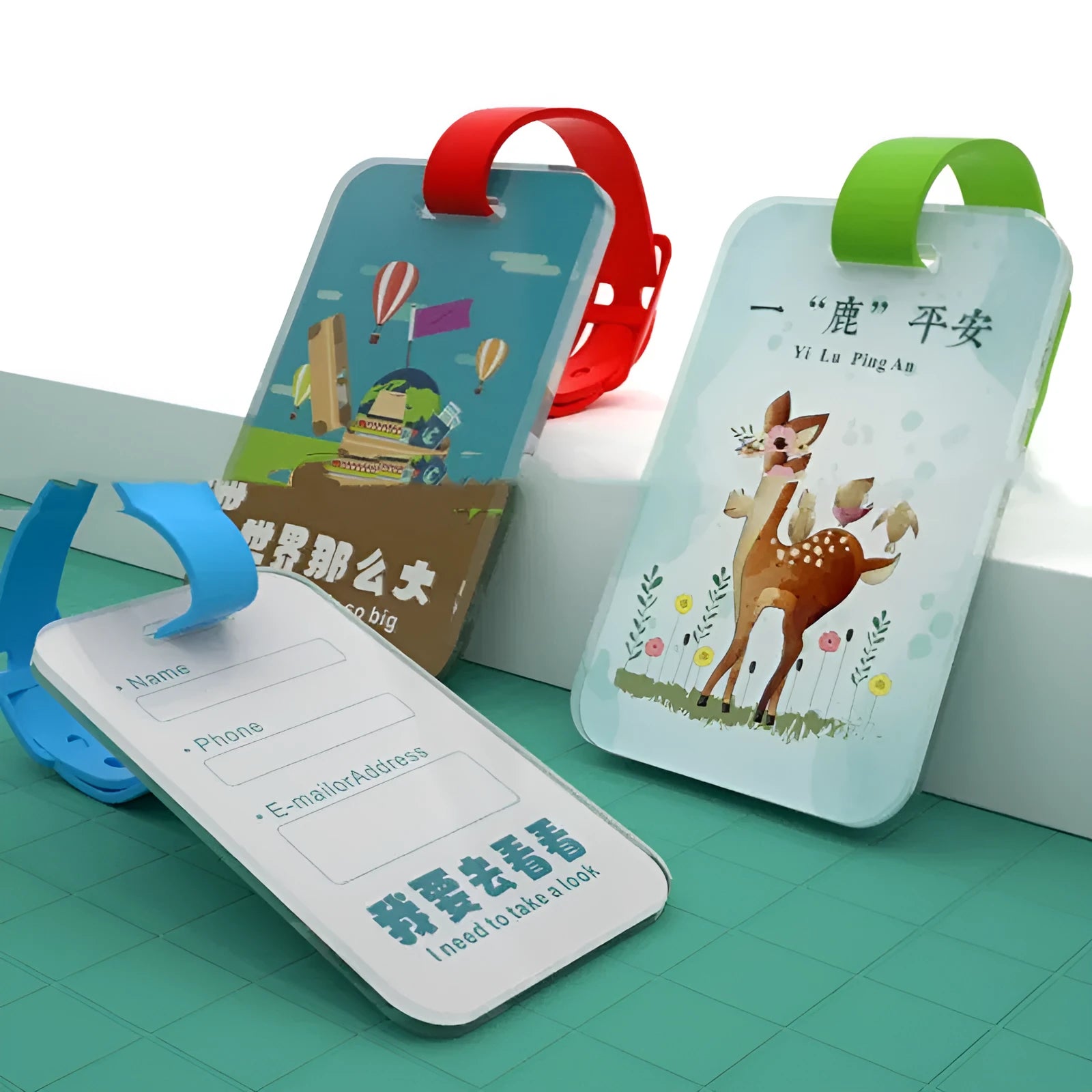 Custom acrylic luggage tag with picture insert, 80x50mm, on a travel suitcase