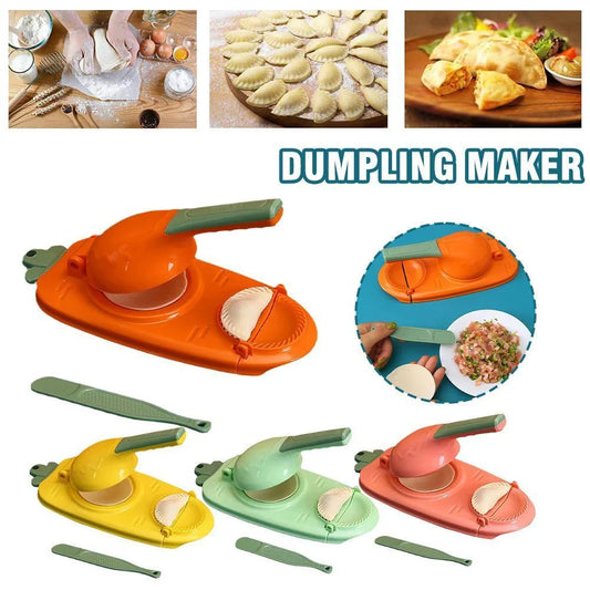 A versatile 2-in-1 kitchen tool for easily pressing dough and forming perfect dumplings, made of durable, food-grade plastic with an ergonomic handle and hanging hole for convenient storage.