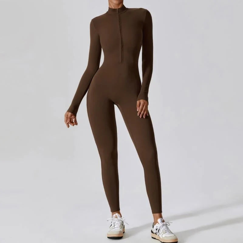 Women's long sleeve seamless jumpsuit for yoga and fitness in various colours