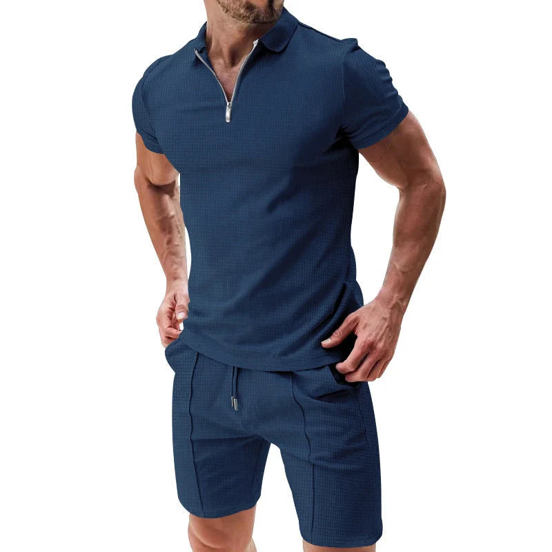 Men's summer waffle suit set with zipper lapel top and drawstring shorts in various colours