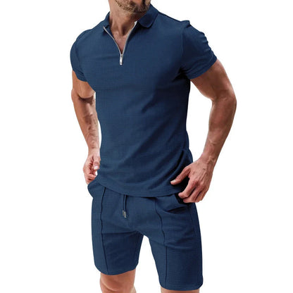 Men's summer waffle suit set with zipper lapel top and drawstring shorts in various colours