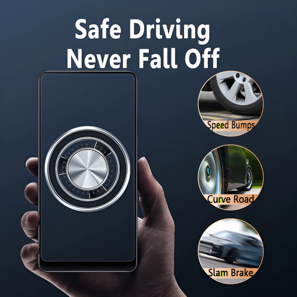 Silver car air vent magnetic phone holder mounted on vehicle ventilation with mobile phone attached