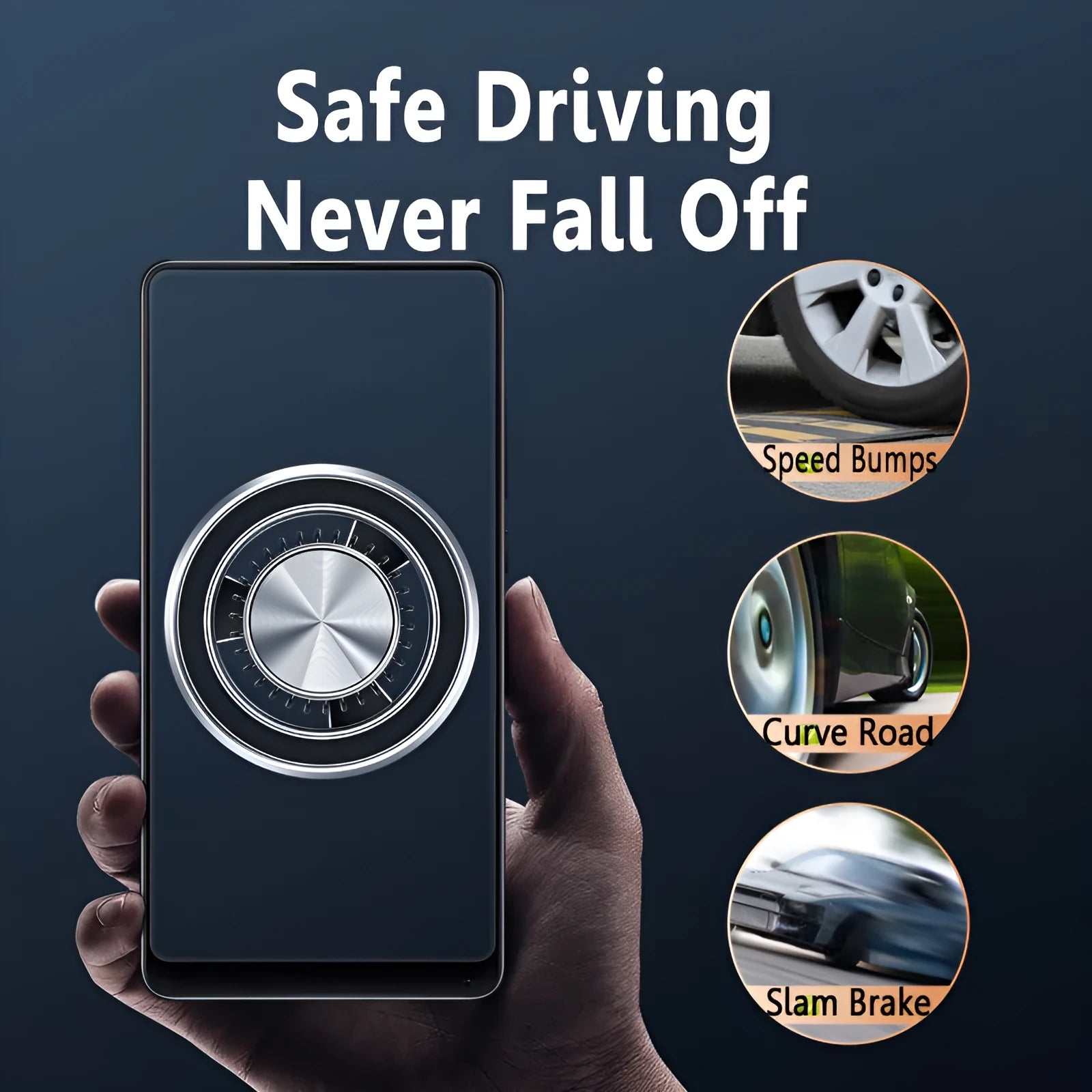 Silver car air vent magnetic phone holder mounted on vehicle ventilation with mobile phone attached
