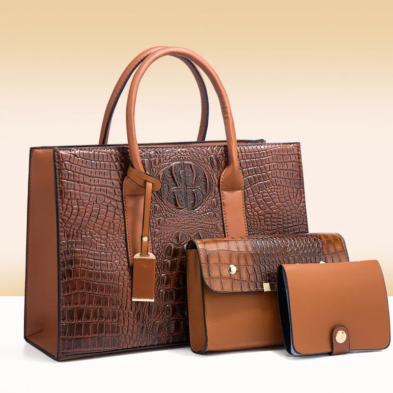 Women's three-piece shoulder bag set in crocodile pattern PU leather with adjustable straps
