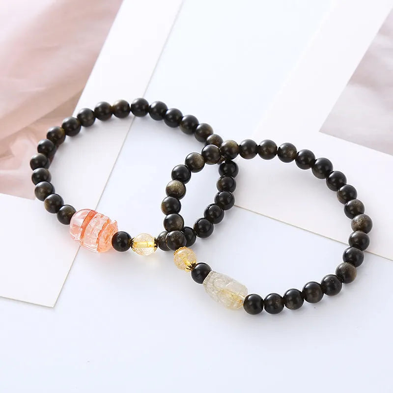 Handmade natural obsidian Pi Xiu bracelet with animal modelling in gold or red colours