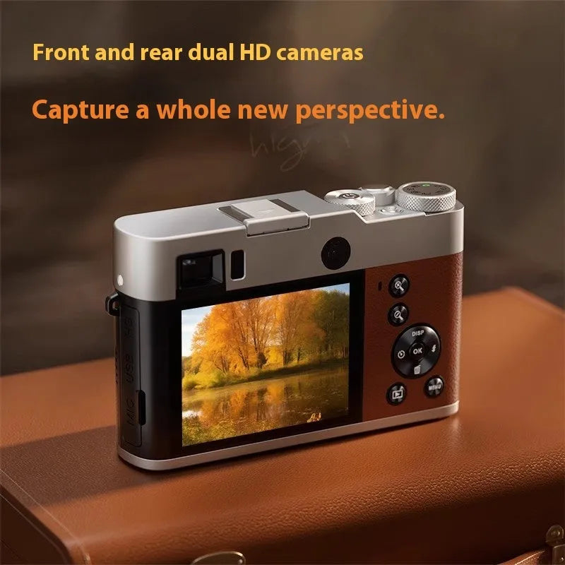 Black and brown 5K digital camera with dual lenses, optical viewfinder, and a 2.88-inch screen.