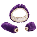 Plush winter car steering wheel cover set in beige, showing steering wheel, handbrake, and gear knob covers