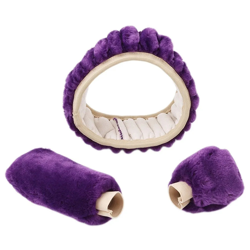 Plush winter car steering wheel cover set in beige, showing steering wheel, handbrake, and gear knob covers