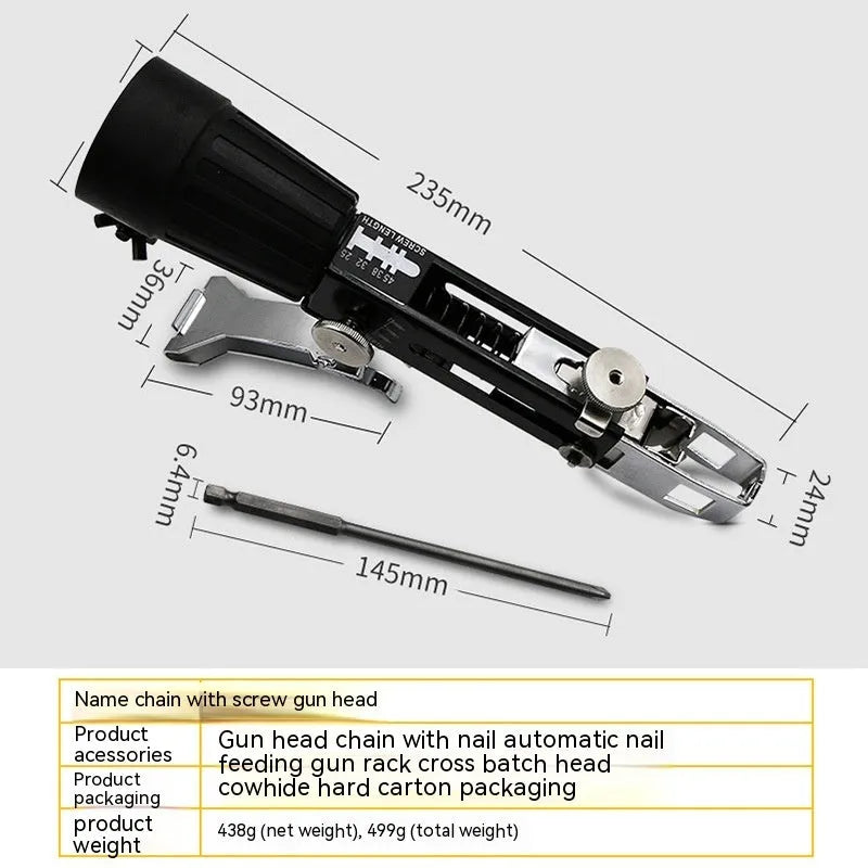 Chain screw gun head set with metal gun head, chain band D, cross head, and gun rack for automatic nail guns