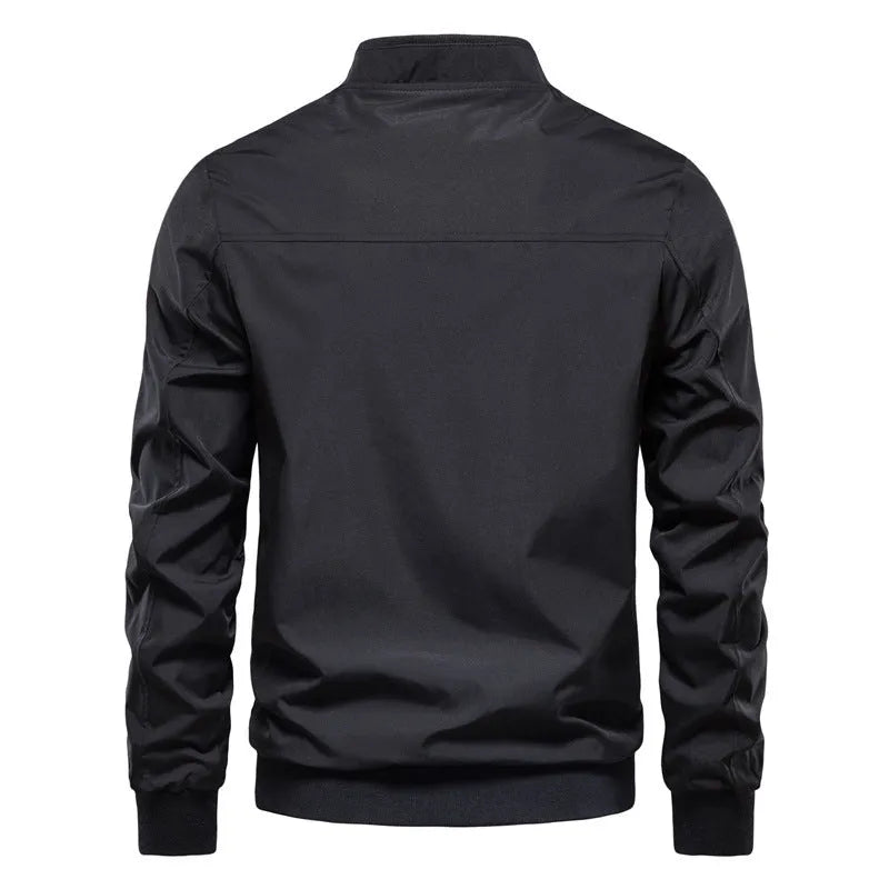 Men's zip-up polyester jacket with stand collar and pockets, solid colour casual outerwear