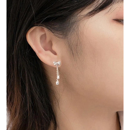 Pure silver bow eardrops with sweet tassel bone stud, Korean style