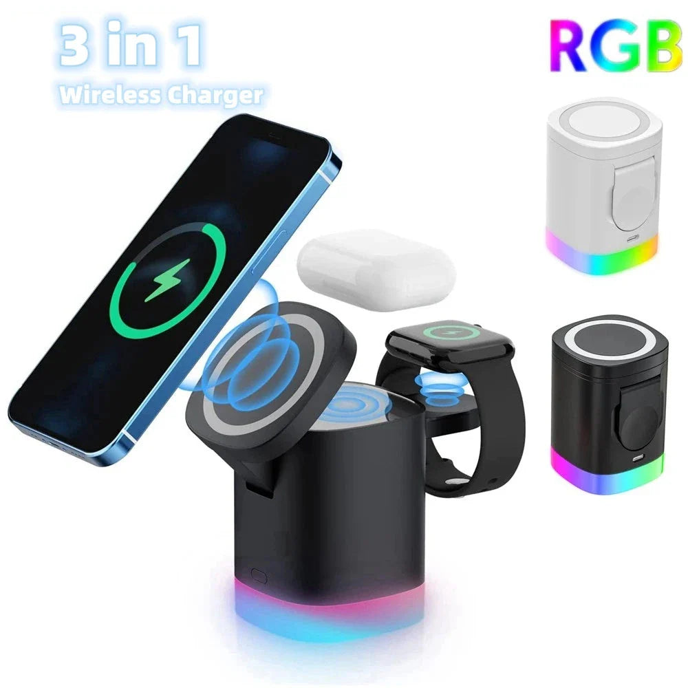 3-in-1 wireless fast charger with magnetic docking and smart breathing light indicator for smartphones, AirPods, and Apple Watch