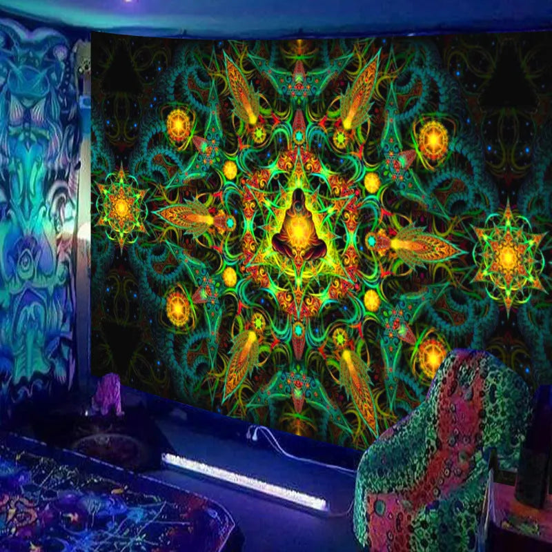 Fluorescent woven polyester tapestry with landscape pattern, rectangular shape, available in multiple colours and sizes